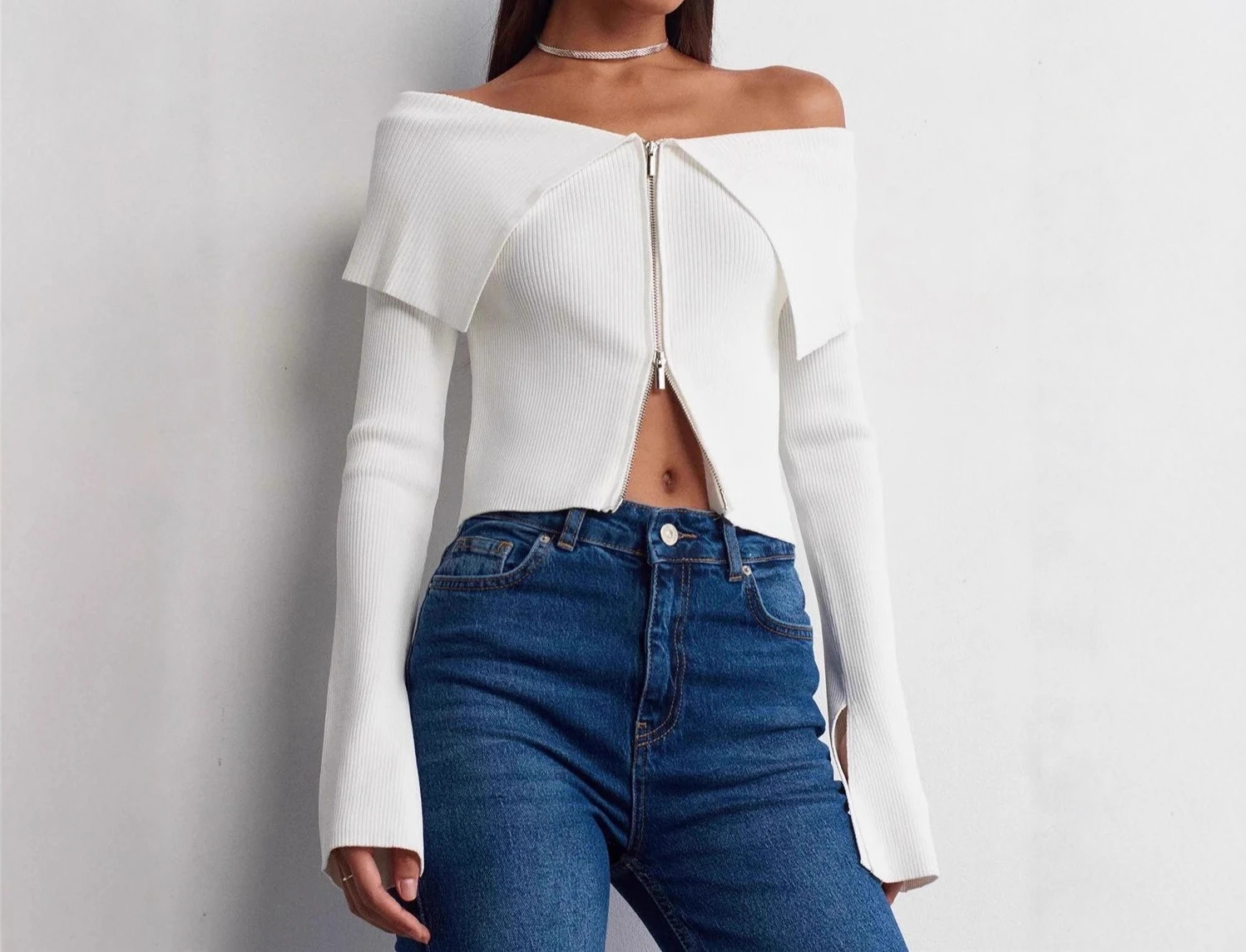 

2025 New Sweater Women's Off Shoulder Loose and Slim Short Style Long Sleeve Top Coat
