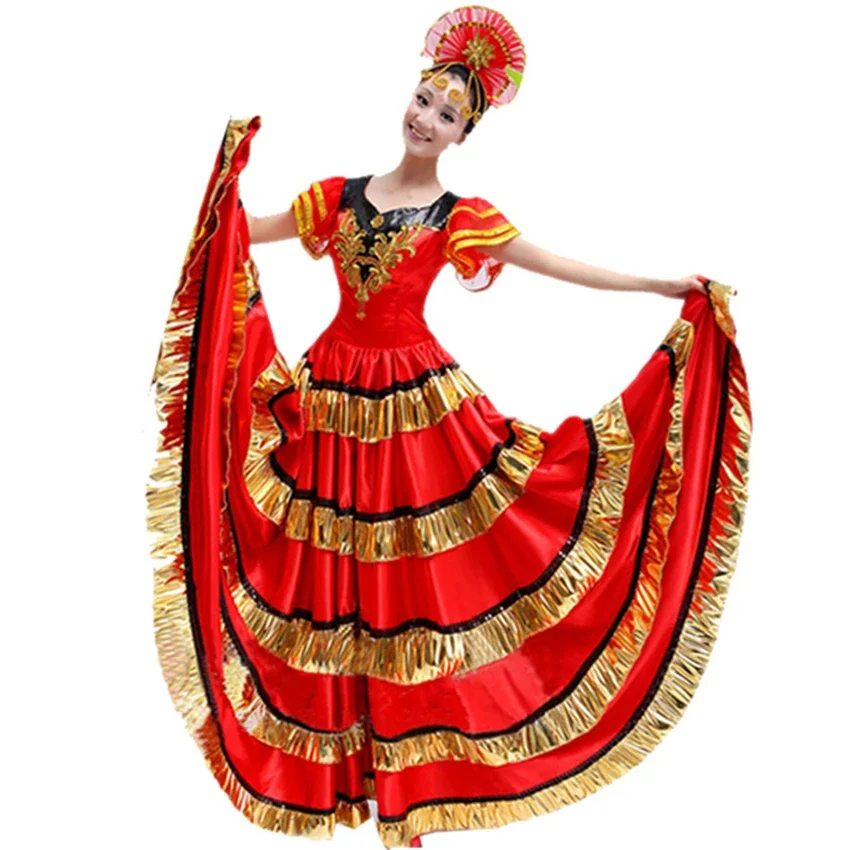 Women Spain Dress Flamenco Skirts Dance Costumes Spanish Gypsy Skirt Bigdance Flower Chorus Stage Performance Wear for Woman