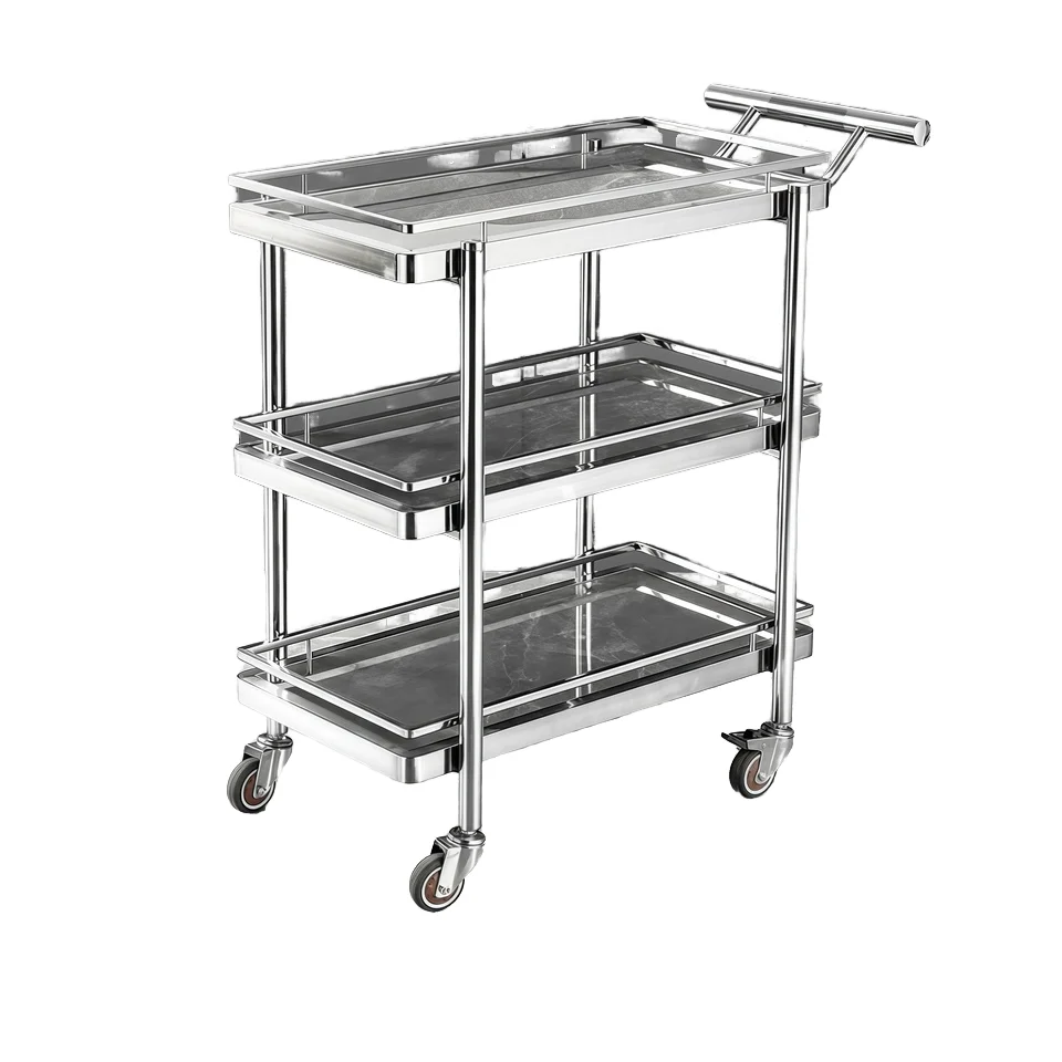 Silver Stainless Steel Dining Car Hotel Catering Service Car 10L Capacity Multi-use Buffet Server Luxury Commercial Three-layer