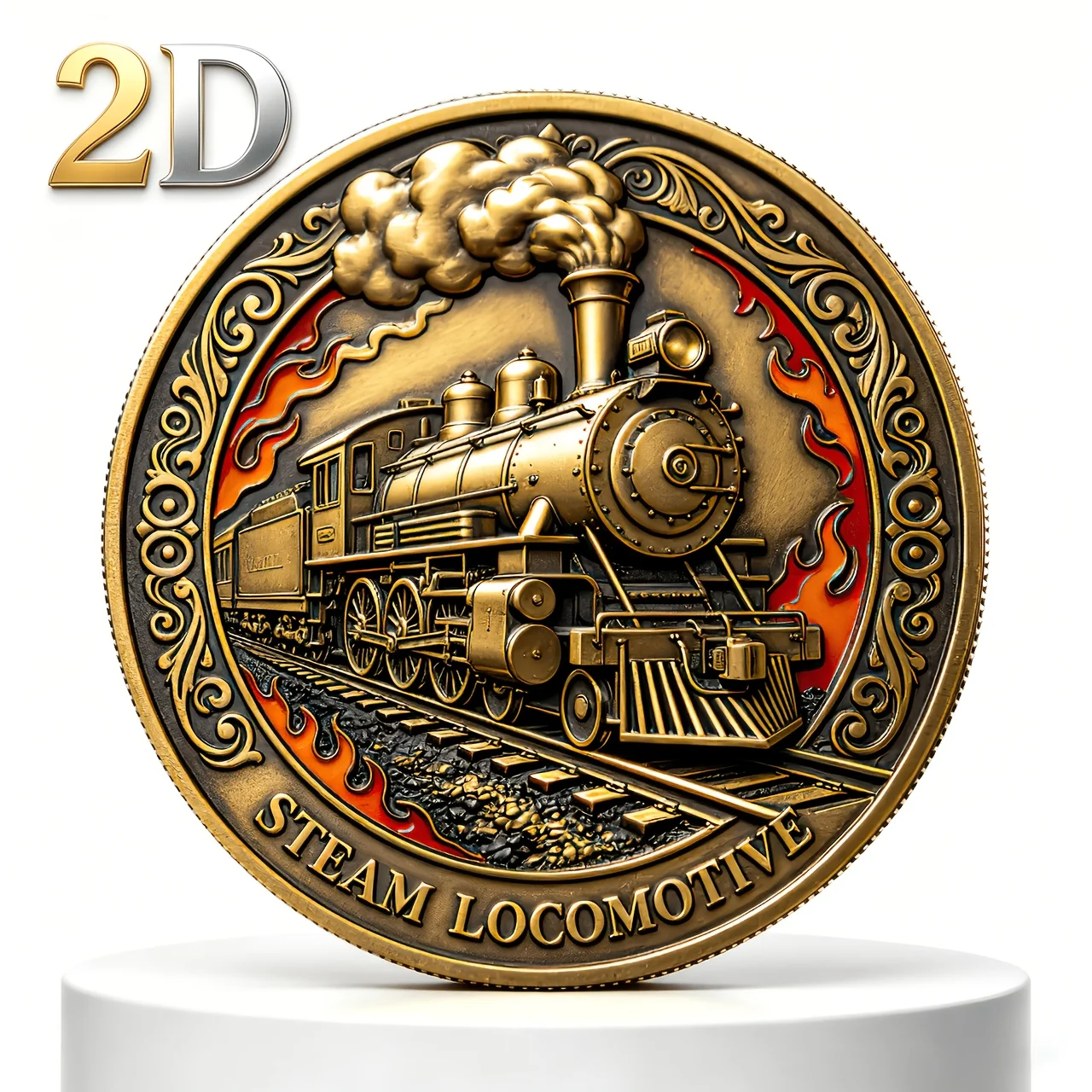 2D Flat Vintage Railway Steam Train Round Aluminum Sign - Locomotive Steampunk Decor for Desk Mechanical Lover Birthday Gift