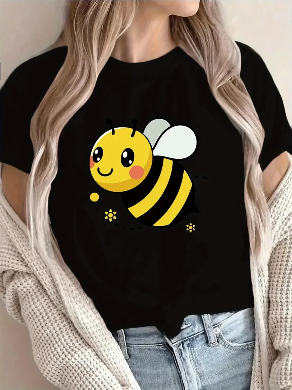1pc Love Cartoon Bee Printed Breathable Round Neck T-shirt  Summer Round Short Sleeves for Both Men and Women