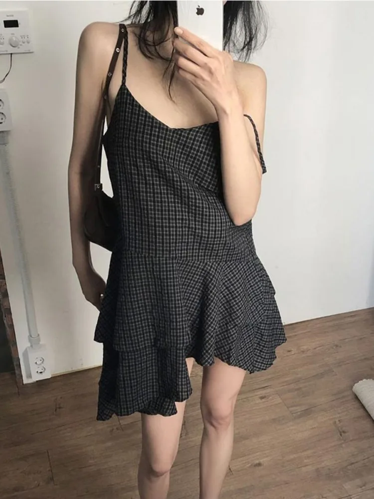 

East Gate Retro Plaid Strap Dress Short Layered Hem Short Dress Korean Style Spring Autumn Winter Casual Online Exclusive