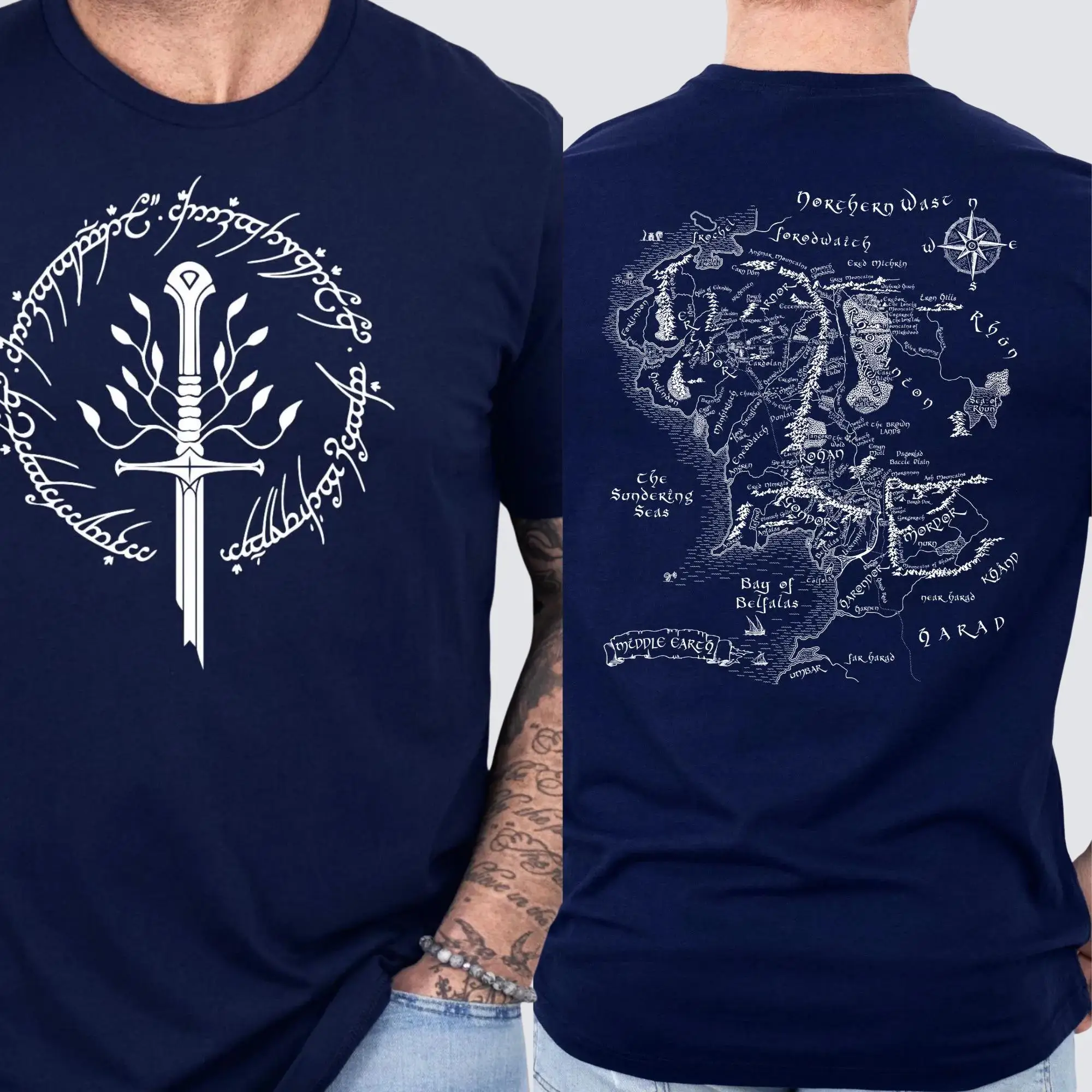 Tolkien T-Shirt Broken Blade Tee with Middle E Map on Back T-shirt Men Women Oversized Y2k Short Sleeve Female Male Clothing