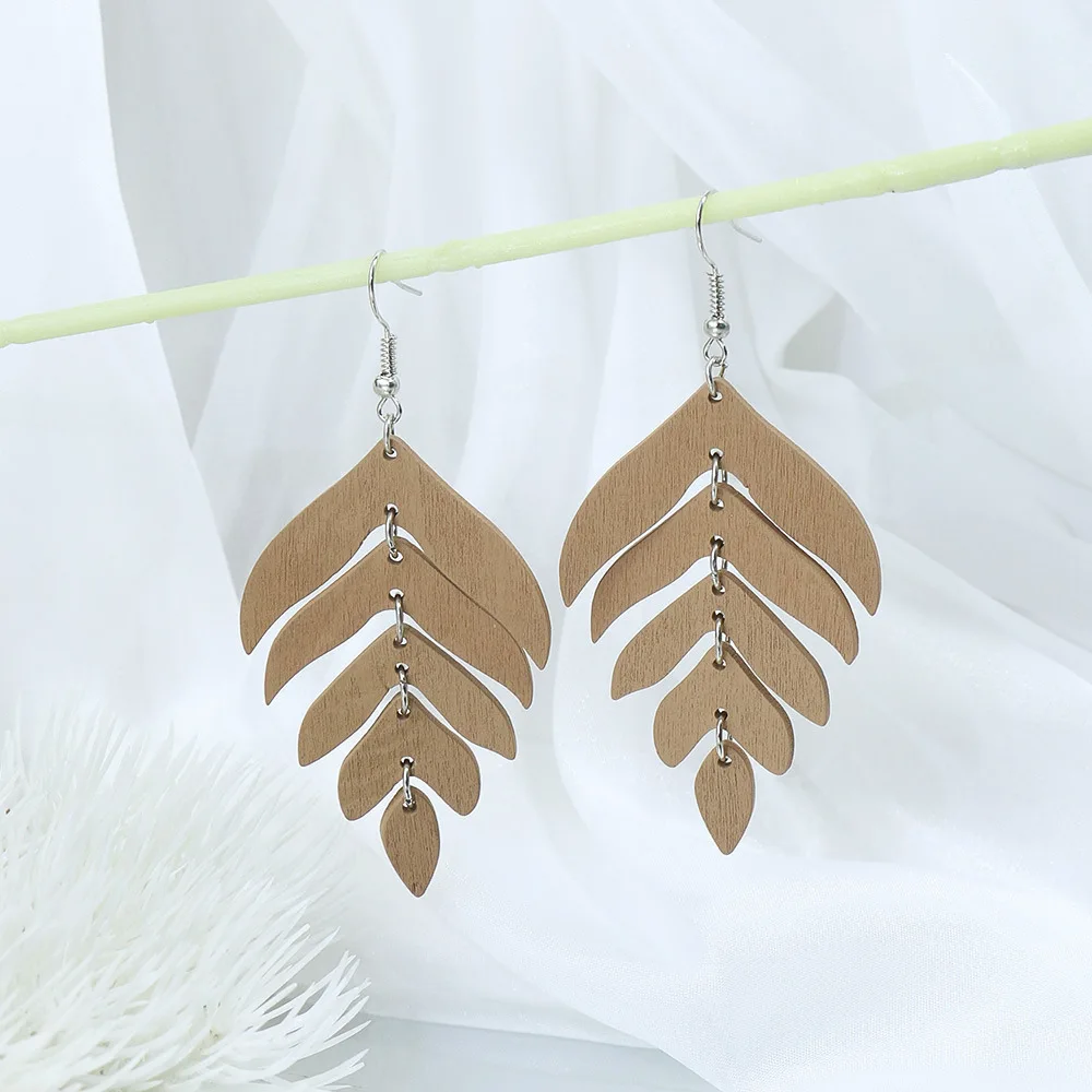 Ethnic Vintage Long Wooden Leaf Dangle Earrings for Women Boho Colorful Splicing Statement Hook Earrings Pendientes Mujer Gift