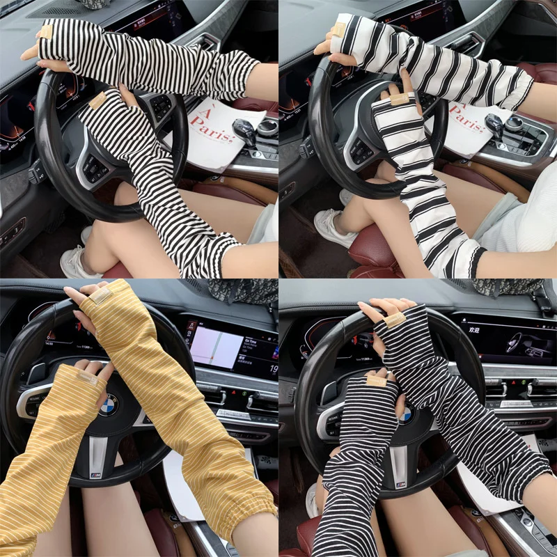 Summer Tricolor Stripe Ice Silk Arm Sleeve Sunscreen Outdoor Anti Ultraviolet Beach Sun Protect Breathable Thin Gloves For Women