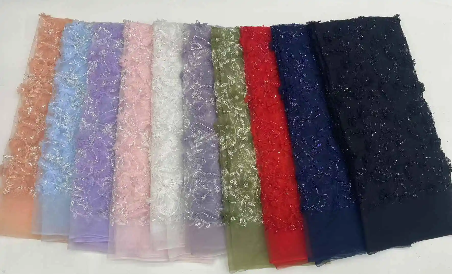 ไนจีเรีย 3D ทําด้วยมือลูกปัดผ้าลูกไม้ Tulle ผ้า 2025 แอฟริกัน Luxury Sequins และไข่มุกสุทธิลูกไม้ผ้าสําหรับงานแต่งงานชุดเจ้าสาว