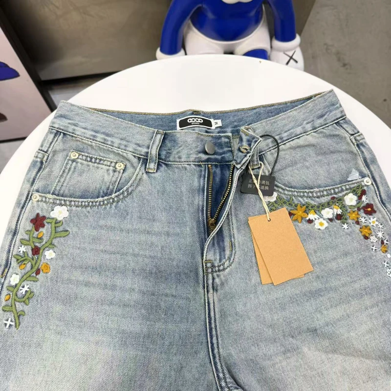 يوم واحد يتم شحنها GOODBRAND الجينز الرجال النساء الشارع غسلها مستقيم الساق السراويل التطريز الزهور Goodbrand سراويل جينز