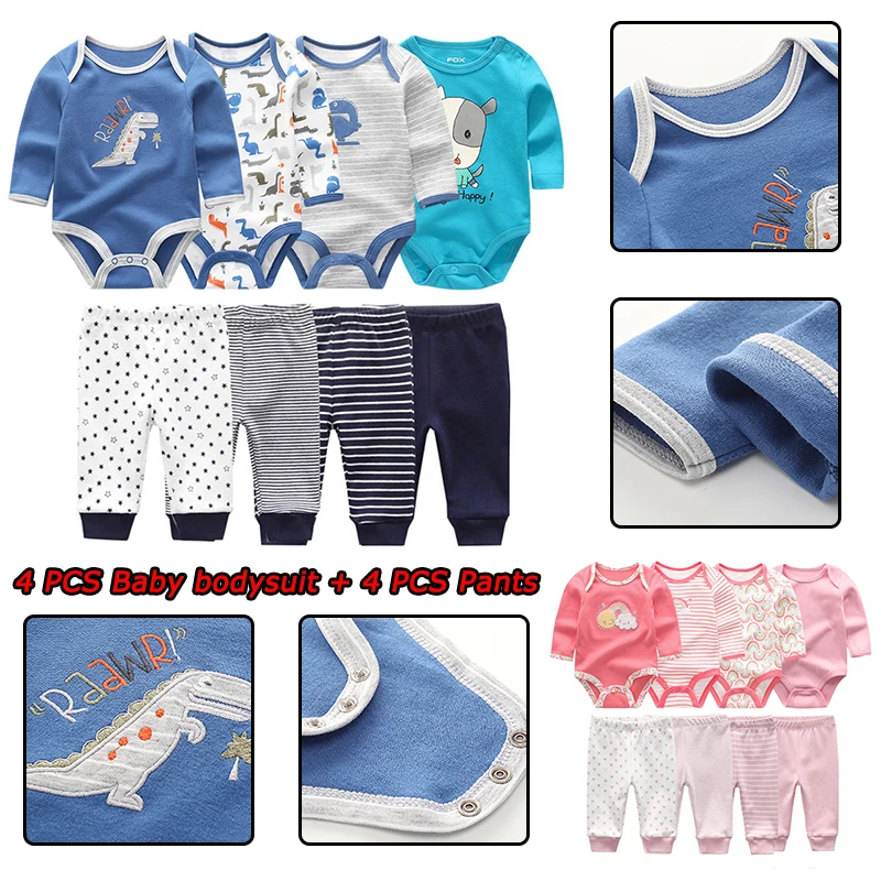 8Pcs 0-12M Unisex Baby Outfit Breathable Cotton Long Sleeve Animal Print Infant Onesie & Pants Daily Clothes
