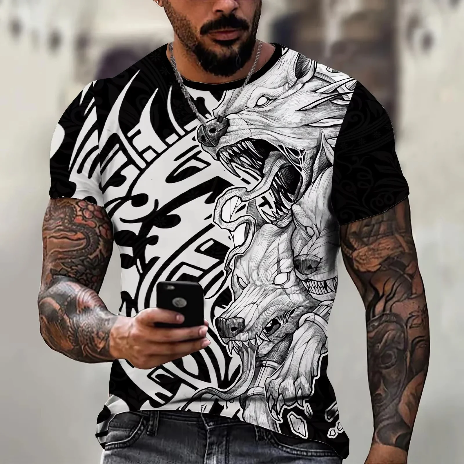 

Retro Wolf 3D Printed T-shirt for Men, Animalstreet Sportswear for Men, Oversized Short-sleeved T-shirt, Retro Casual Sportswear