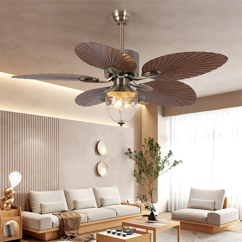 Luxury Bronze Ceiling Fan Light Solid Wood Carved Leaf Pull Chain Chandelier for Living Room Dining Room Bedroom Villa