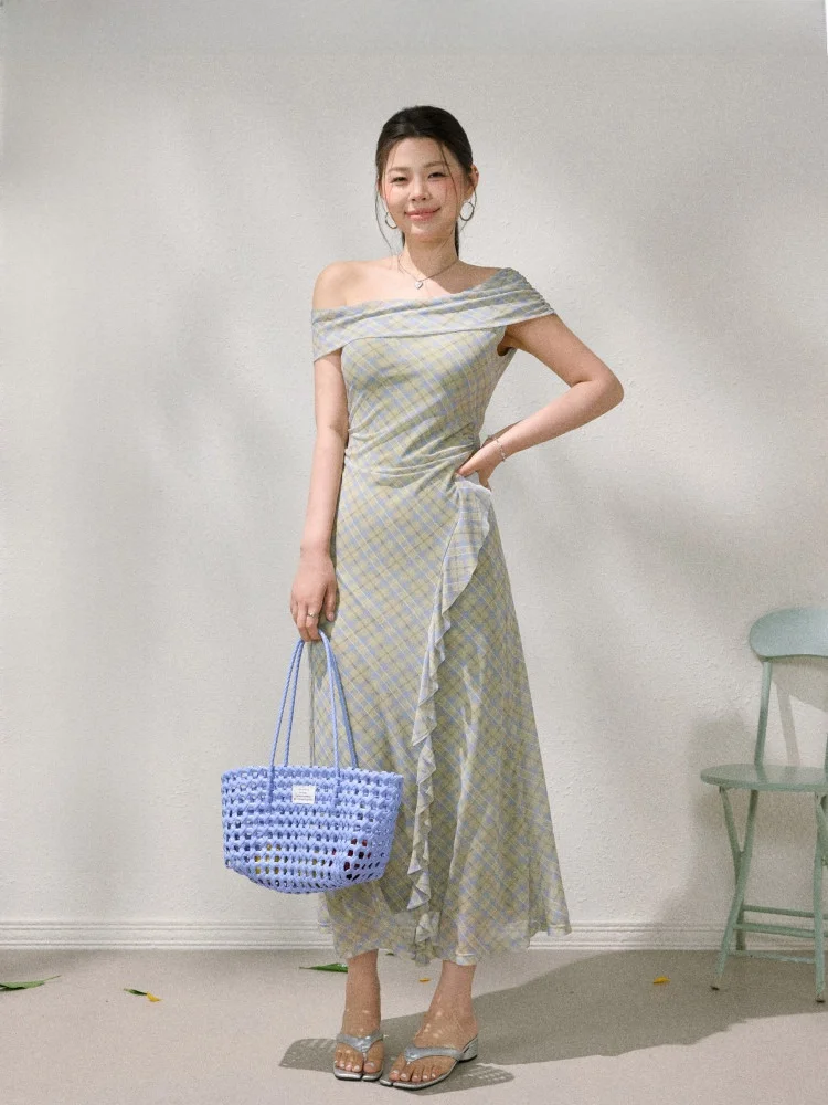 

JULULOOK Длинная юбка в клетку большого размера с завышенной талией и открытыми плечами, без рукавов, из полиэстера, для летнего сезона