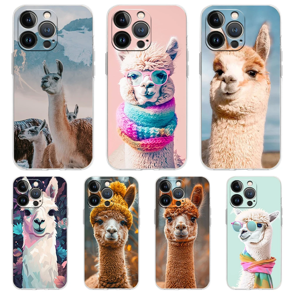 For iPhone 15 16 14 13 12 mini 11 Pro Max XS X XR SE 7 8 Plus Silicone Clear Cover Kawaii Alpaca lovely Luxury Phone Case