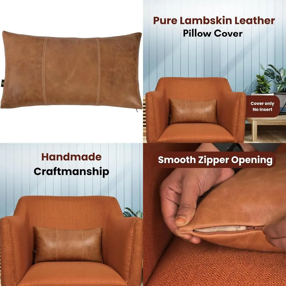 

Lambskin Leather Pillow Cover 10x18 Inch - Handcrafted Cushion Case with Hidden Zipper, Decorative Throw Pillow for Home Decor