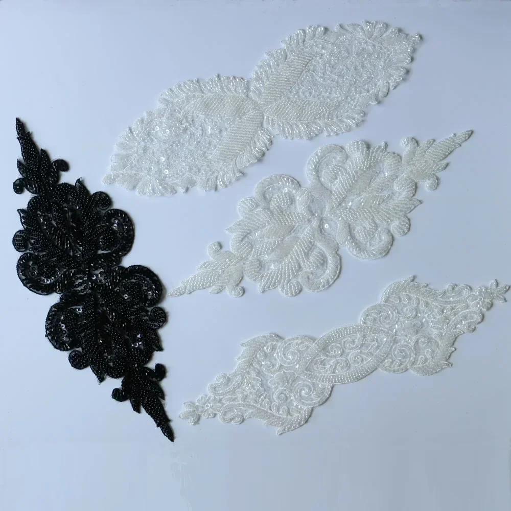 3D luxury beaded embroidery lace appliques for wedding dresses Rhinestone lace applique patches Embroidery lace parches ropa