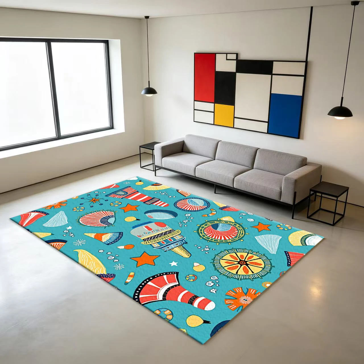 Blue Background Bohemian Style Cartoon Seamless Carpet Floor Ethnic Festival Elements Non-Slip Carpet