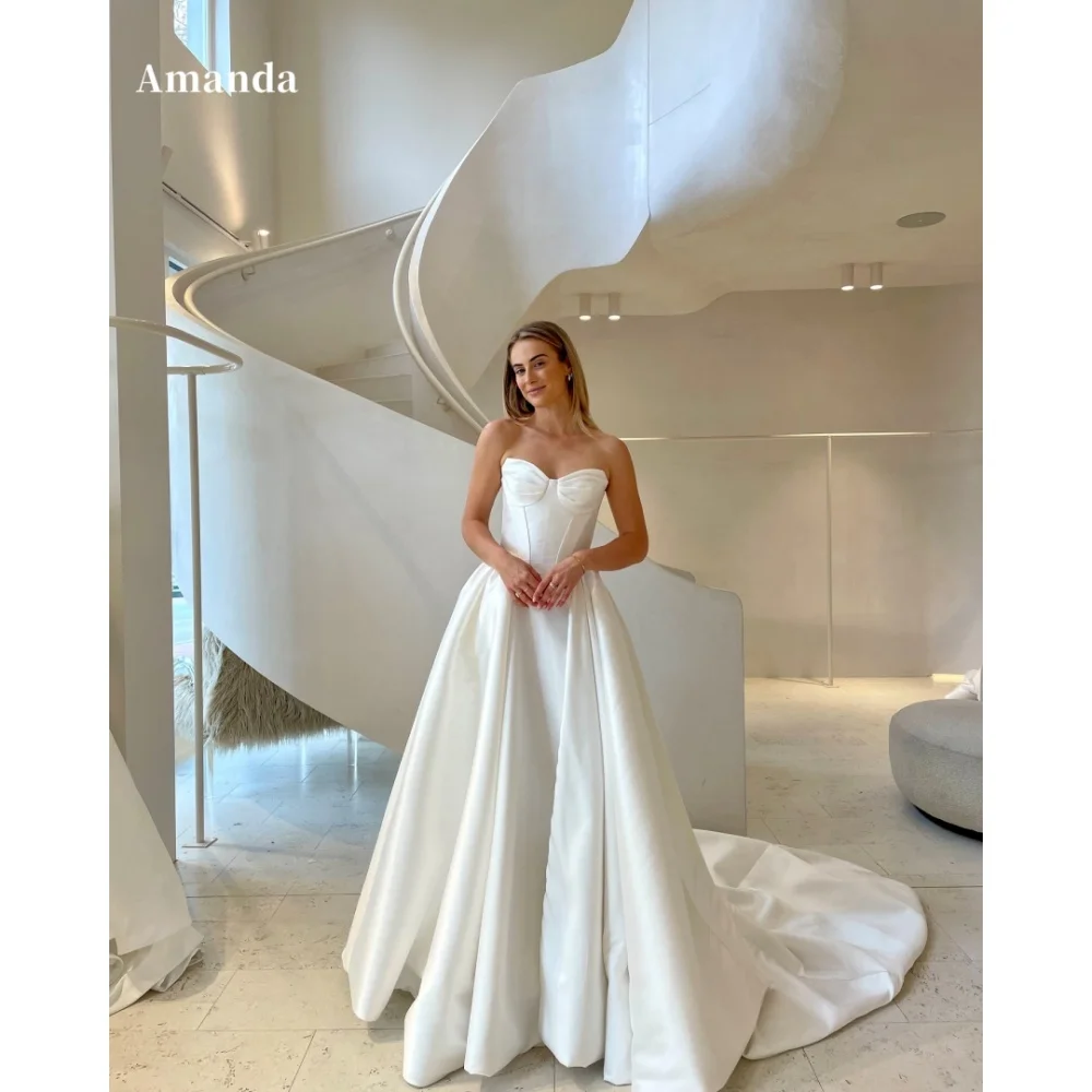 Amanda White Satin Strapless vestido femininos Sleeveless فساتين سهرة Floor-Length Cocktail Party Prom Customized Wedding Dress