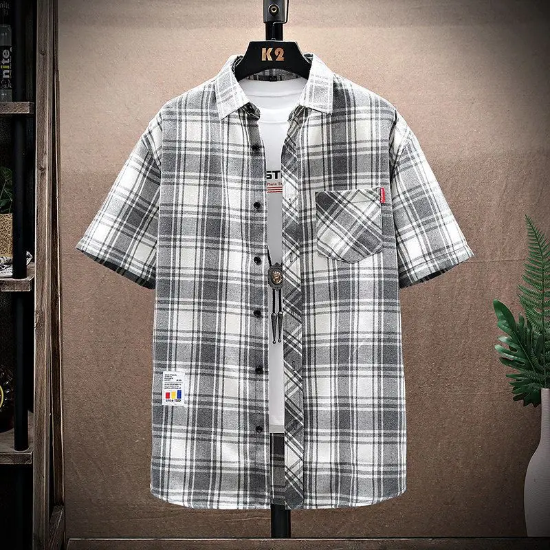 Fashion Lapel Button Spliced Loose Pockets Lattice Shirts Men's Clothing 2024 Summer New Oversized Casual Tops All-match Shirt