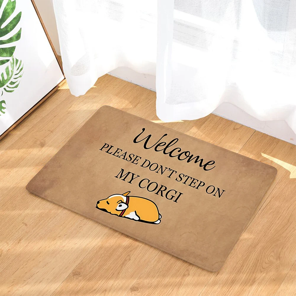 フランネルプリントの屋内ドアマット,ファッショナブルなウェルカムマット,コーギラグを踏まないでください,家の装飾