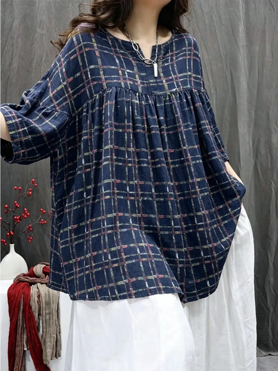 Retro Flax Print Doll Top Artistic Loose Fit Women's T-shirt Casual Style Seven Sleeve Thin Body Regular Length