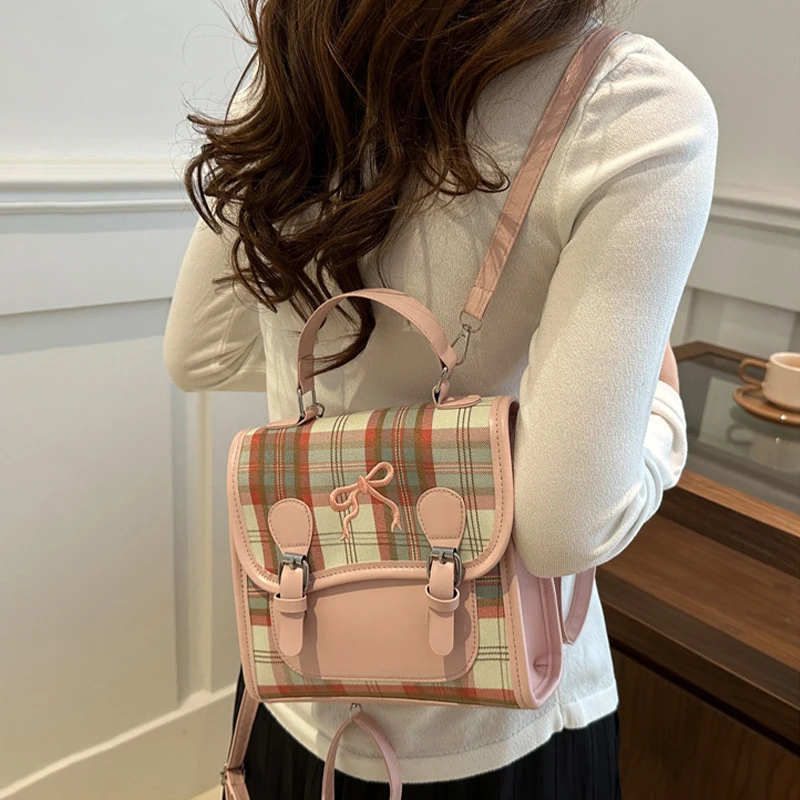 

Korean Bow Embroidered Plaid Backpack Contrast Color Casual Small Backpack Crossbody Bags