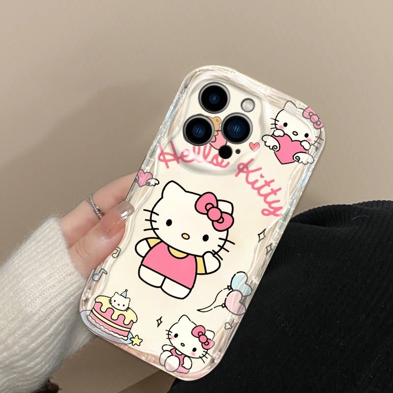 Pink Cartoon Hello Kitty For Apple iPhone 15 14 13 12 11 XS XR X Pro Max Plus Wave Oil TPU Phone Case