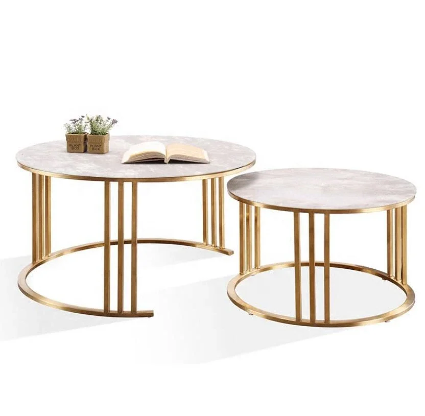 cheap modern gold metal wire frame stainless steel coffee table 2 piece round marble top coffee table end tea side table set