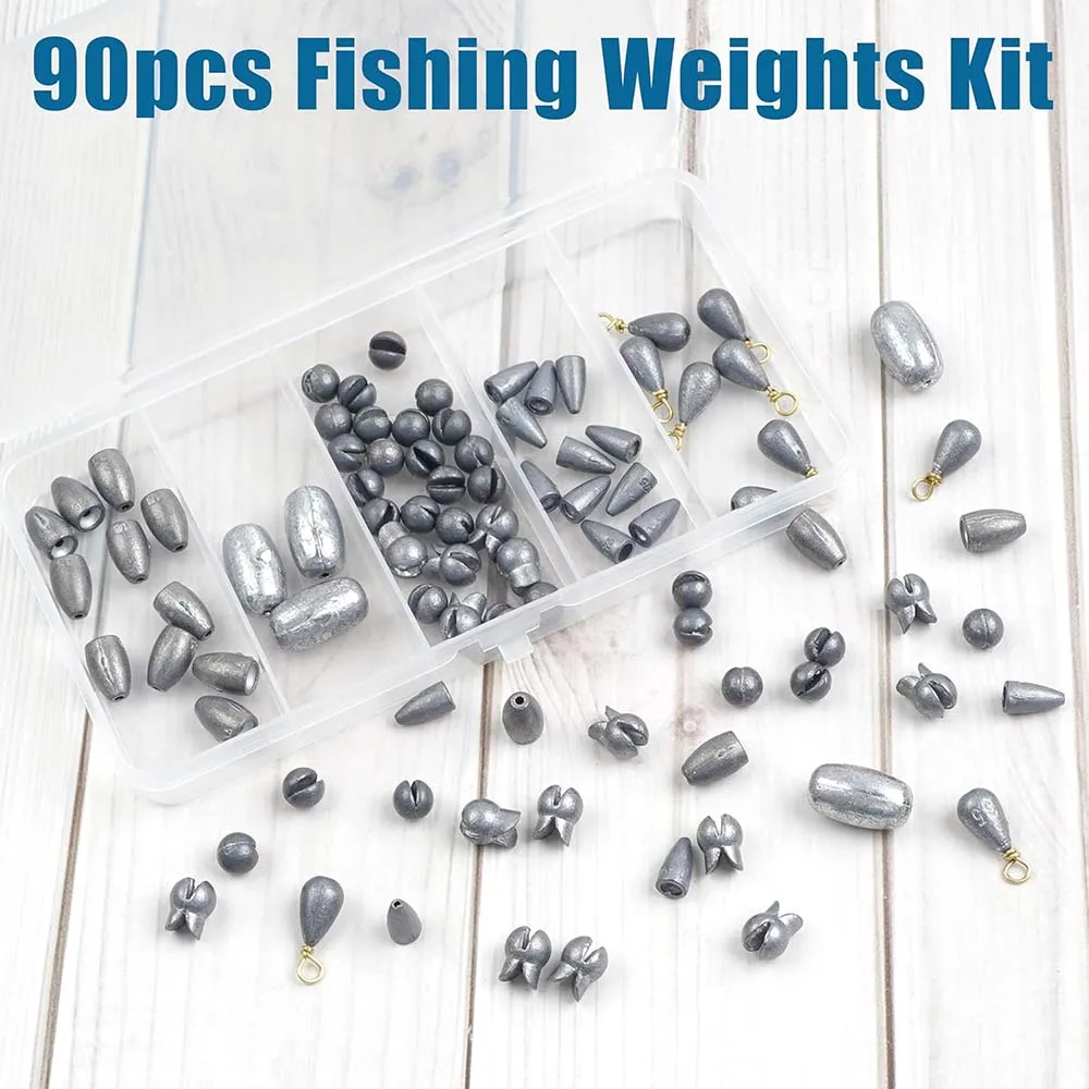 Fishing Weight Sinkers 90pcs Fishing Weights Kit Bullet Sinkers Weights Split Shot Weights Bell Sinkers Egg Weights for Fishing