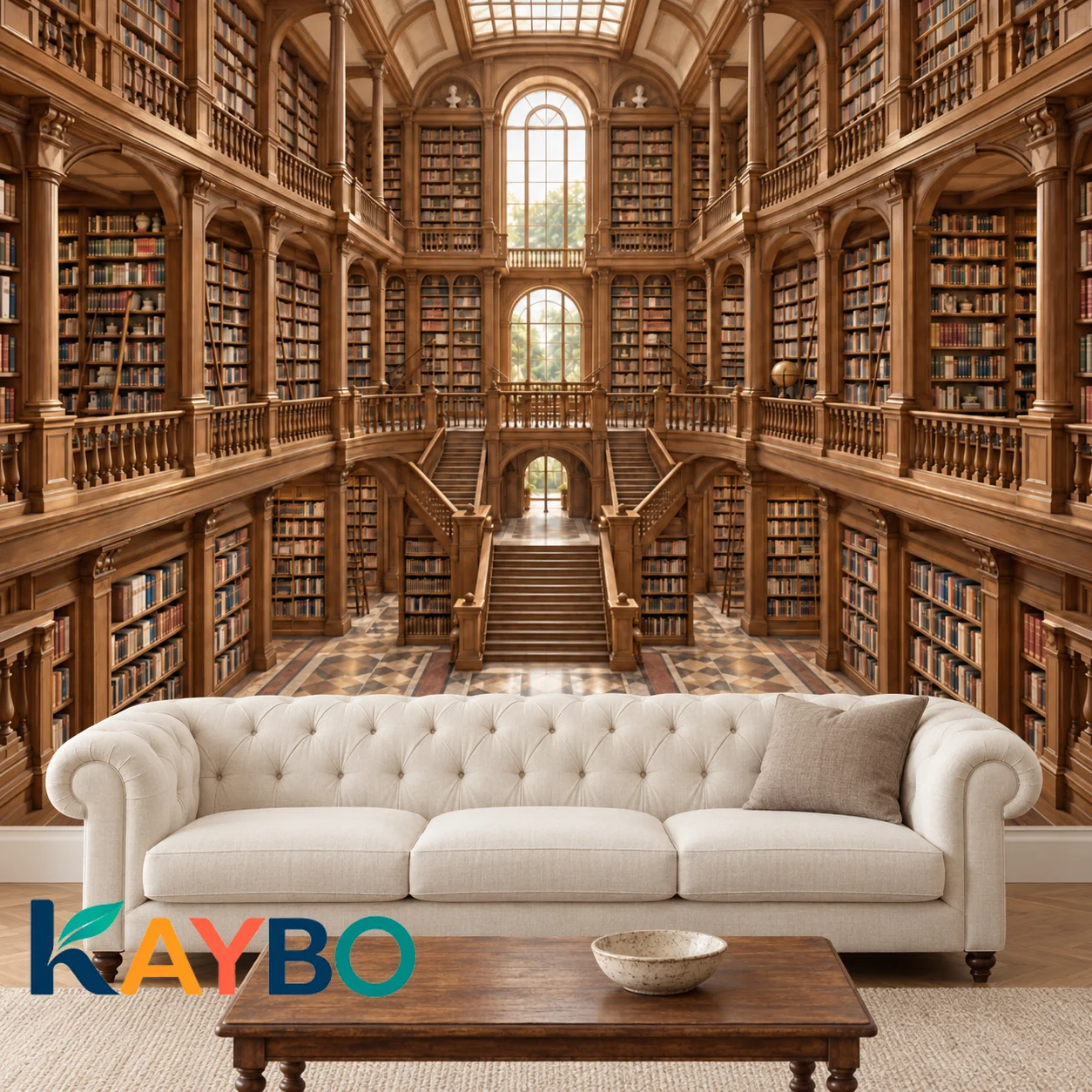 Library Wallpaper Mural 3D Bookshelf Grand Staircase Vintage Wood Hall Wall Decor for Living Room Study Office Non Self Adhesive