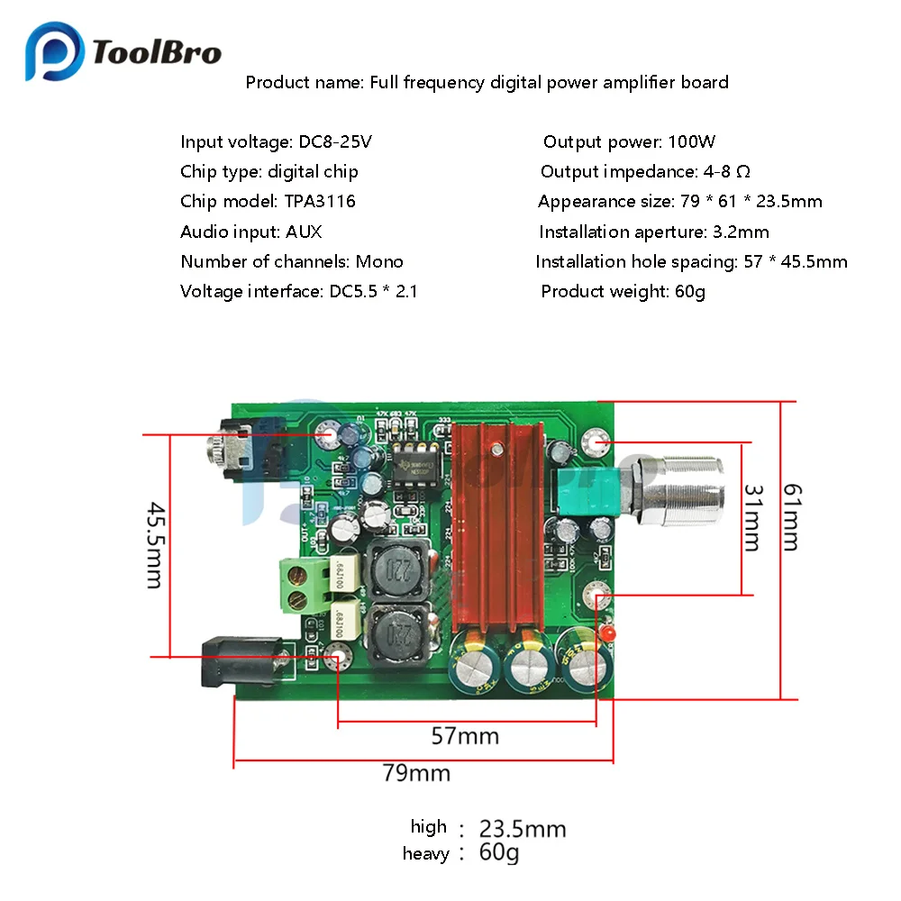 Imagem -06 - Placa de Amplificador de Potência Digital Subwoofer Tpa3116 Módulo Áudio 100w Ne5532 Placa Amplificadora Tamanho 75x60 mm Tpa3116d2