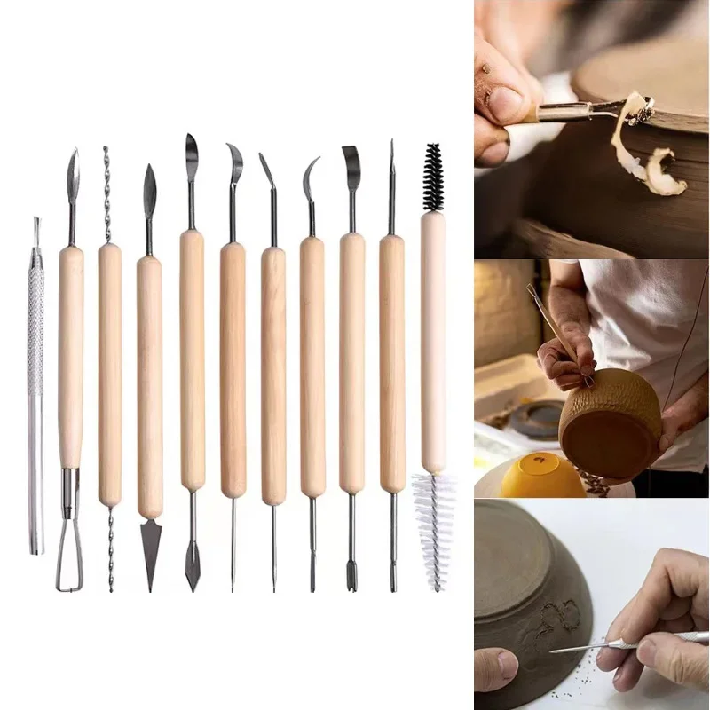 

11pcs Pottery Clay Sculpting Modeling Tool Set, Double-Sided Ceramic Polymer Clay Carving Tools Kit With Smooth Wooden Handle