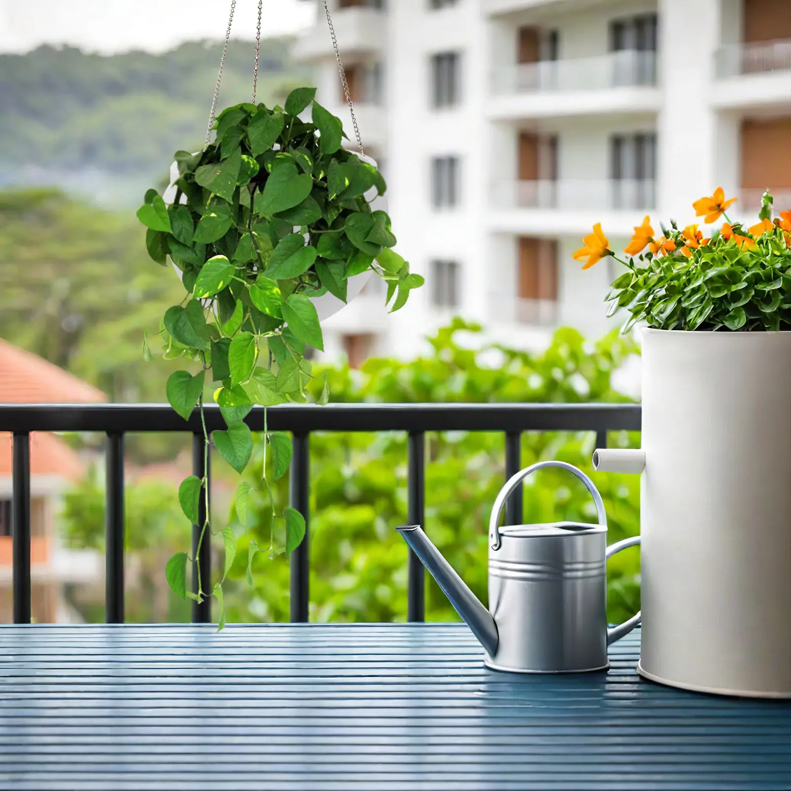 Large White Plastic Self Watering Hanging Planter Basket Wall Mounted for Indoor Outdoor Space Saving Green Pothos Lazy Flower