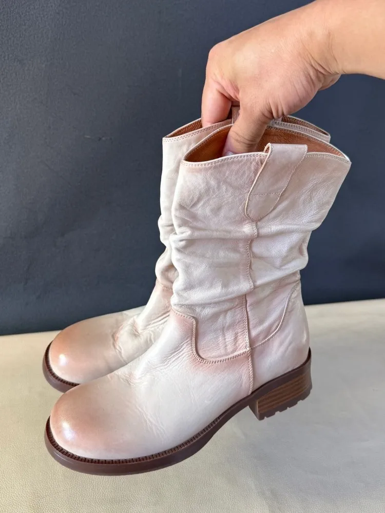 Leisure Female Genuine Leather Round Toe Chunky Heel Ankle Boots Handmade Solid Color Cowhide Customized 12 Days Footwear