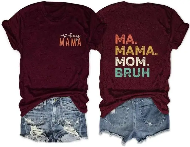 

Ma Mama Mom Bruh Shirt Women Boy Mama T Shirt Funny Mama Letters Print Shirts Casual Short Sleeve Tee Tops Wine Red