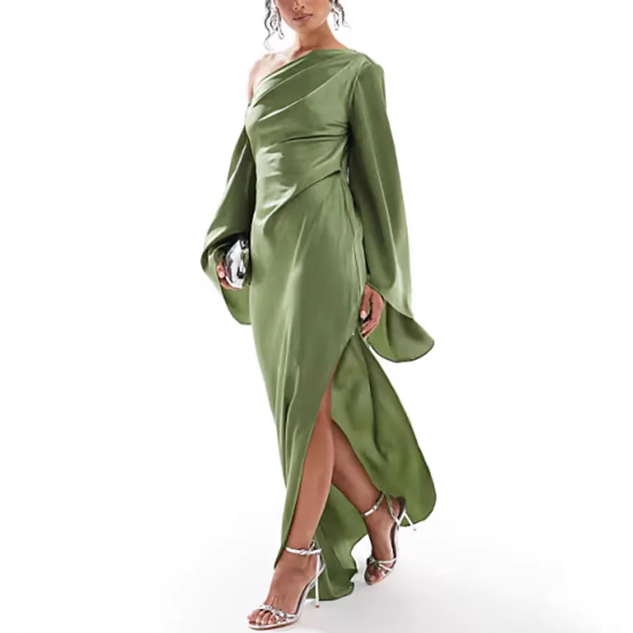 

European And American Women's Clothing Slanted Shoulder Dress Solid Color Off-the-shoulder Slim-cut Split Horn Sleeve