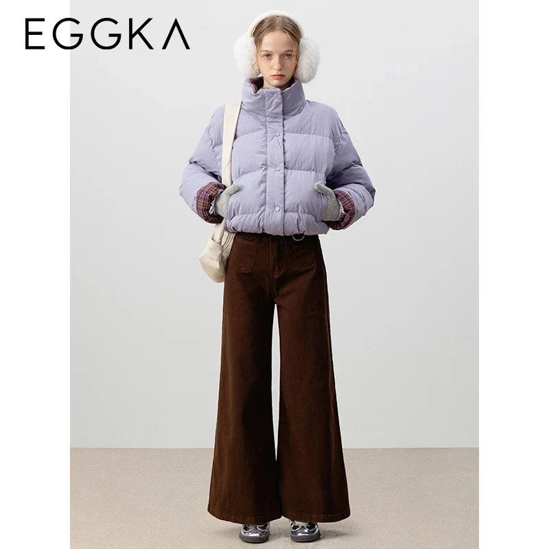 EGGKA Women Winter Down Coats Plaid Patchwork Design Parka Coat Warm Snow Jacket Short Puffer Jackets Korean Fashion Overcoats