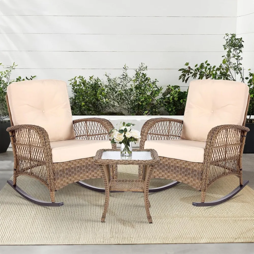 3 Piece Outdoor Wicker Rocking Chair Set with Cushions and Glass Top Coffee Table Rattan Patio Rocking Chair Set