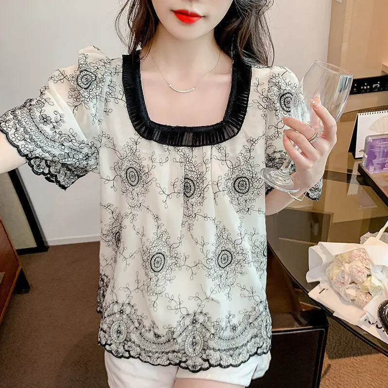 Summer Fashion Square Collar Patchwork Shirt Vintage Printed Women\'s Clothing Folds Korean Loose Short Sleeve Chiffon Blouse New