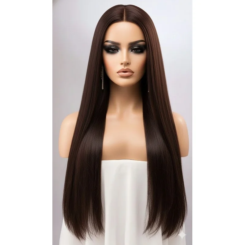 13*4 Chocolate Brown Front Lace Wig 32034  Long Staright  Synthetic Hair By Zebaish