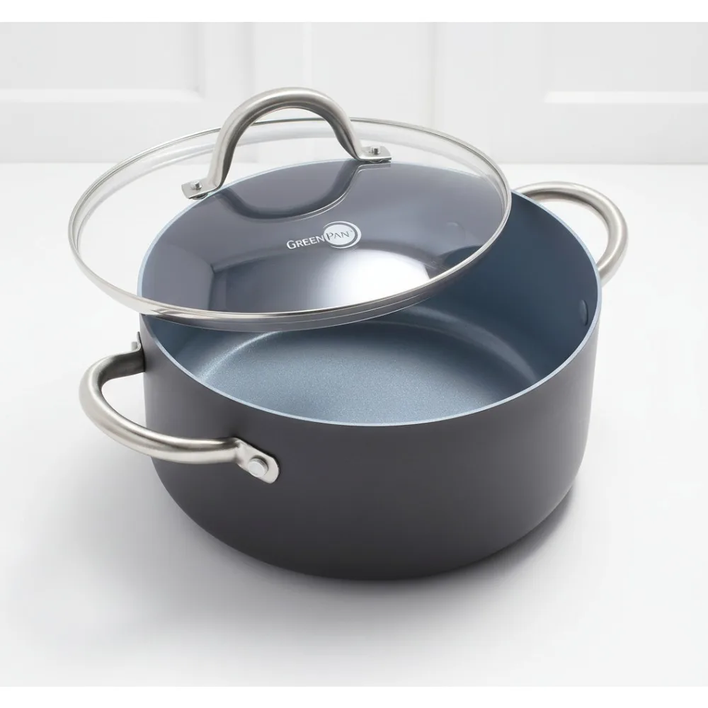 

5.2QT Nonstick Ceramic Stock Pot with Glass Lid, PFAS-Free Healthy Cookware, Oven Safe Gray Casserole for Family Cooking