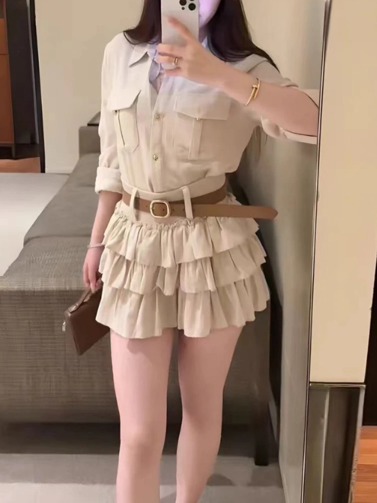 

Осенние корейские модные однотонные комплекты из 2 предметов с длинными рукавами, винтажные элегантные рубашки + юбка-тортик, женские повседневные дизайнерские наряды с поясом, новинка