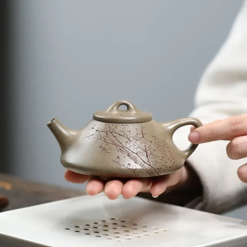 160ml Chinese Yixing Purple Clay Teapot Handmade Stone Scoop Tea Pot Tea Infuser Hand-carved Plum Blossom Kettle Zisha Tea Set