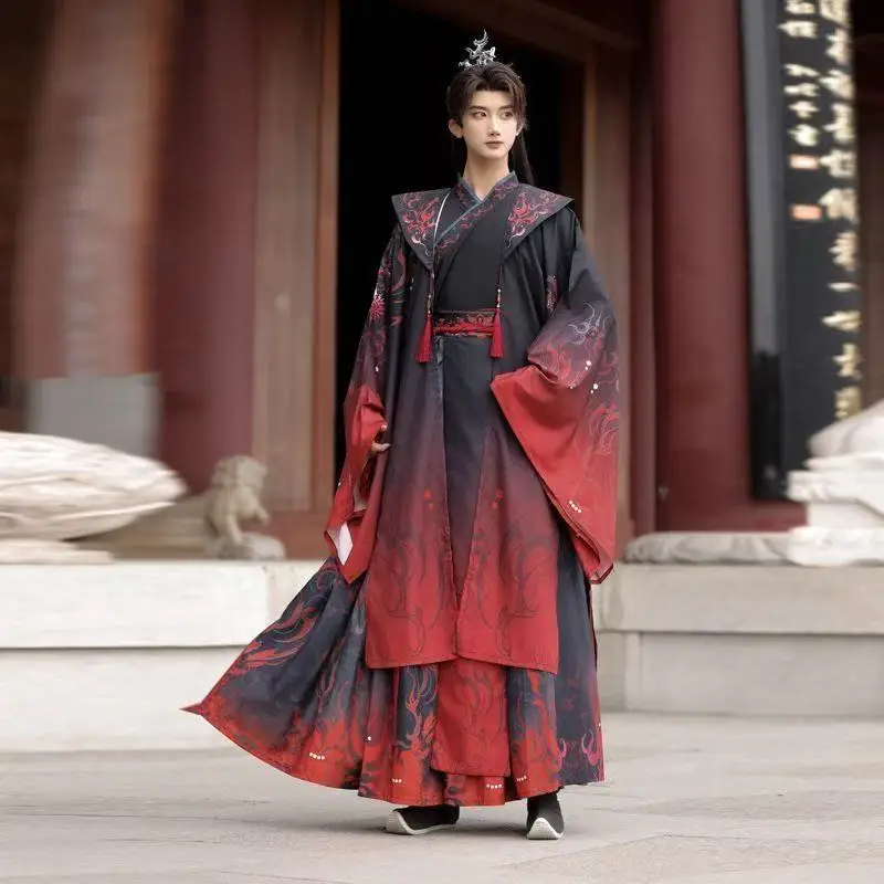 التقليدية الصينية Wuxia Hanfu الرجال النساء Weijin فترة عبر طوق زي خمر أسود أحمر هالوين المبارز تأثيري البدلة