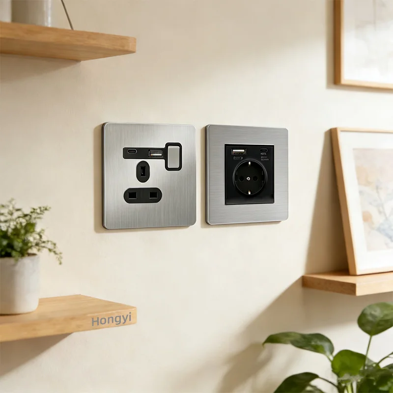 Retro Matte Stainless Steel Toggle Switch EU UK DE 13A 16A Wall Socket USB Type-C Charging Metal Panel Outlet
