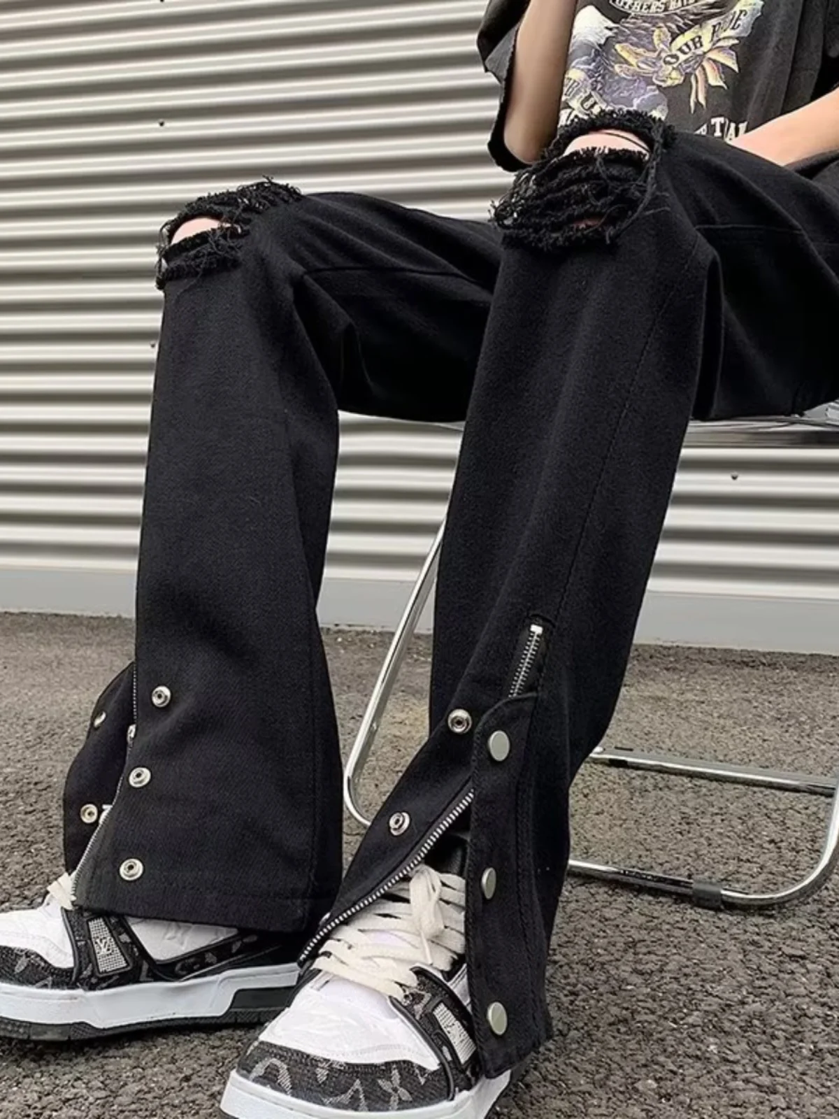 

Trendy Men's Jeans High Street American Sle Summer Wearable Straight Leg Zipper Forked Cuffed Denim Pants with Hole Design