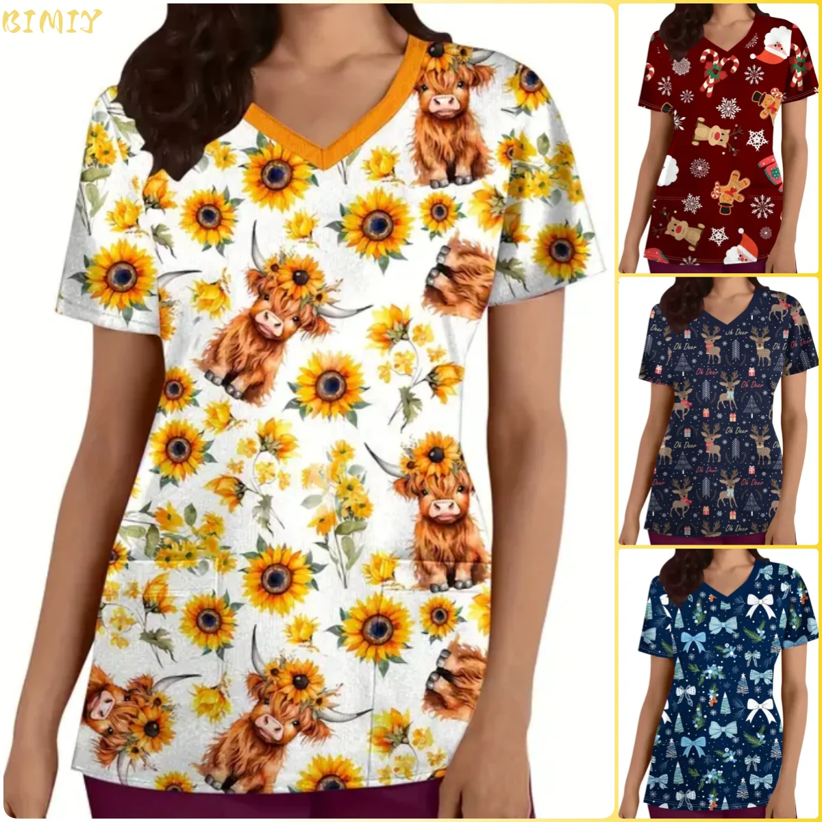 

[Casual Wear] Women's Casual V-Neck Top with Sunflower Highland Cow Print Short Sleeve Polyester - Machine Washable Pocket