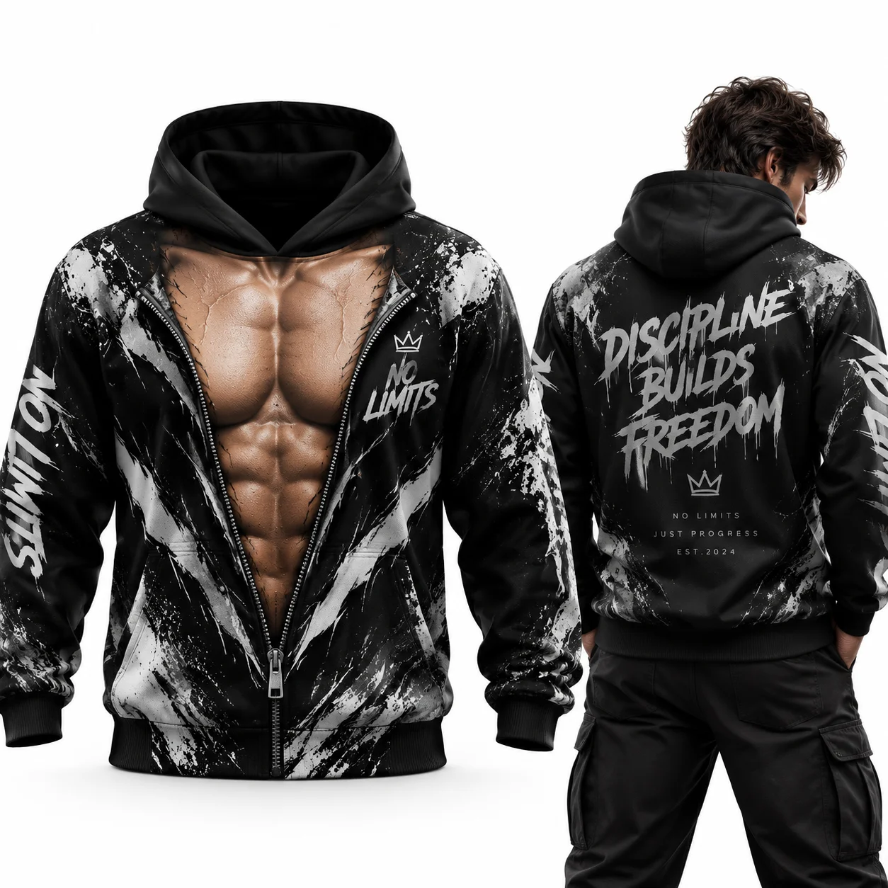 Oversized Gothic Hoodie for Men & Women, Fake Unzipped 3D Muscle Illusion, Dark Splash‑Paint Back‑Print Pullover, Family Gift
