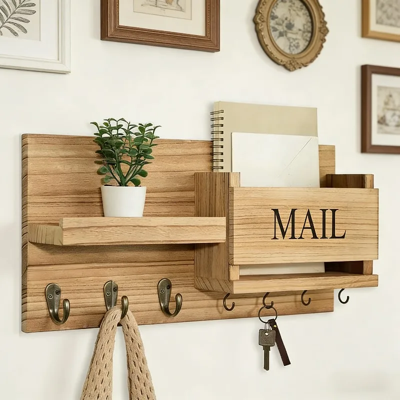 

Wall Mounted Solid Wood Entryway Storage Rack Multi-Functional Hallway Organizer Farmhouse Mudroom Shelf for Keys Envelopes
