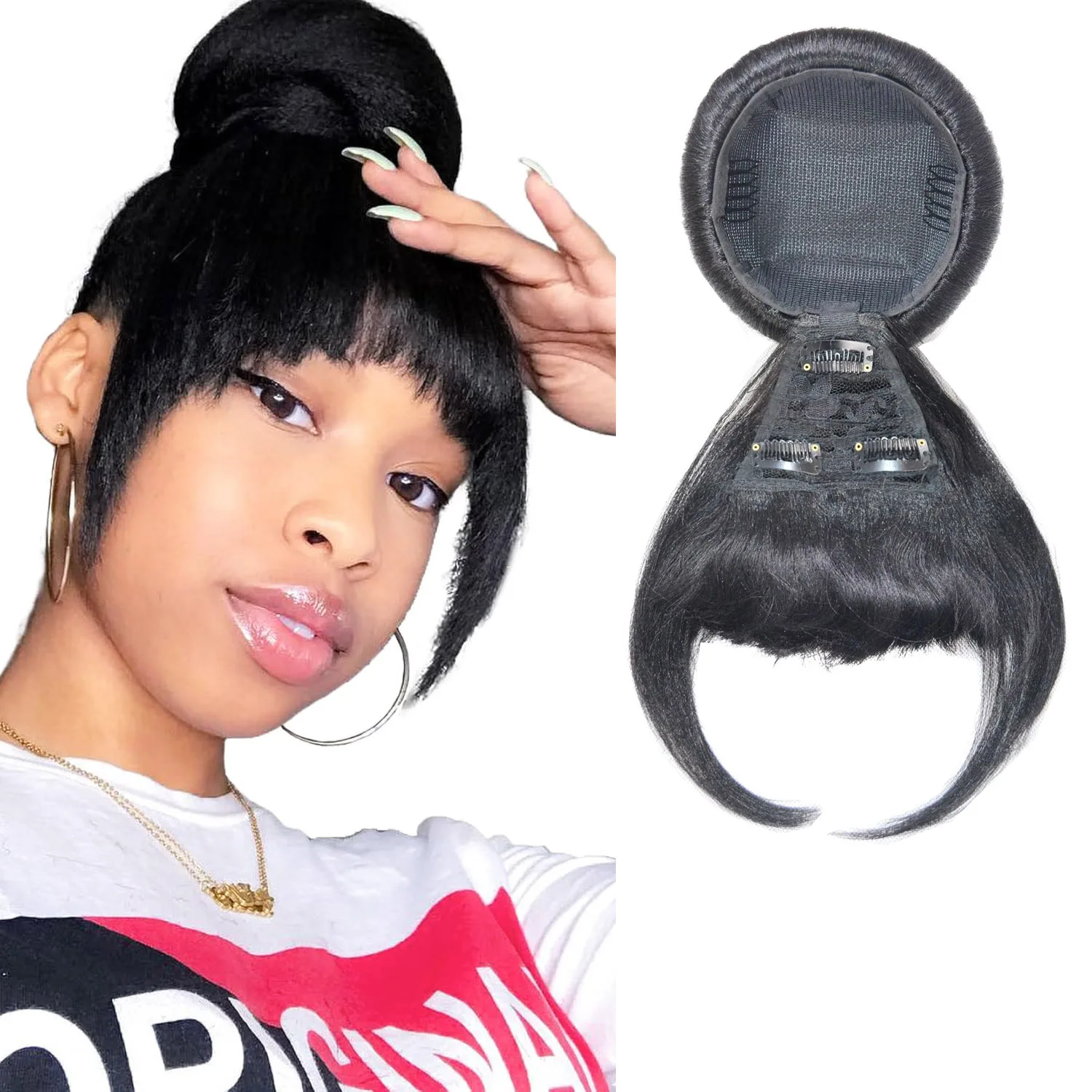 

Zolin Hair Bun Clip-On Spherical Chignon Updo with Bangs Realistic Natural Black Synthetic Hair Unisex Daily Wear