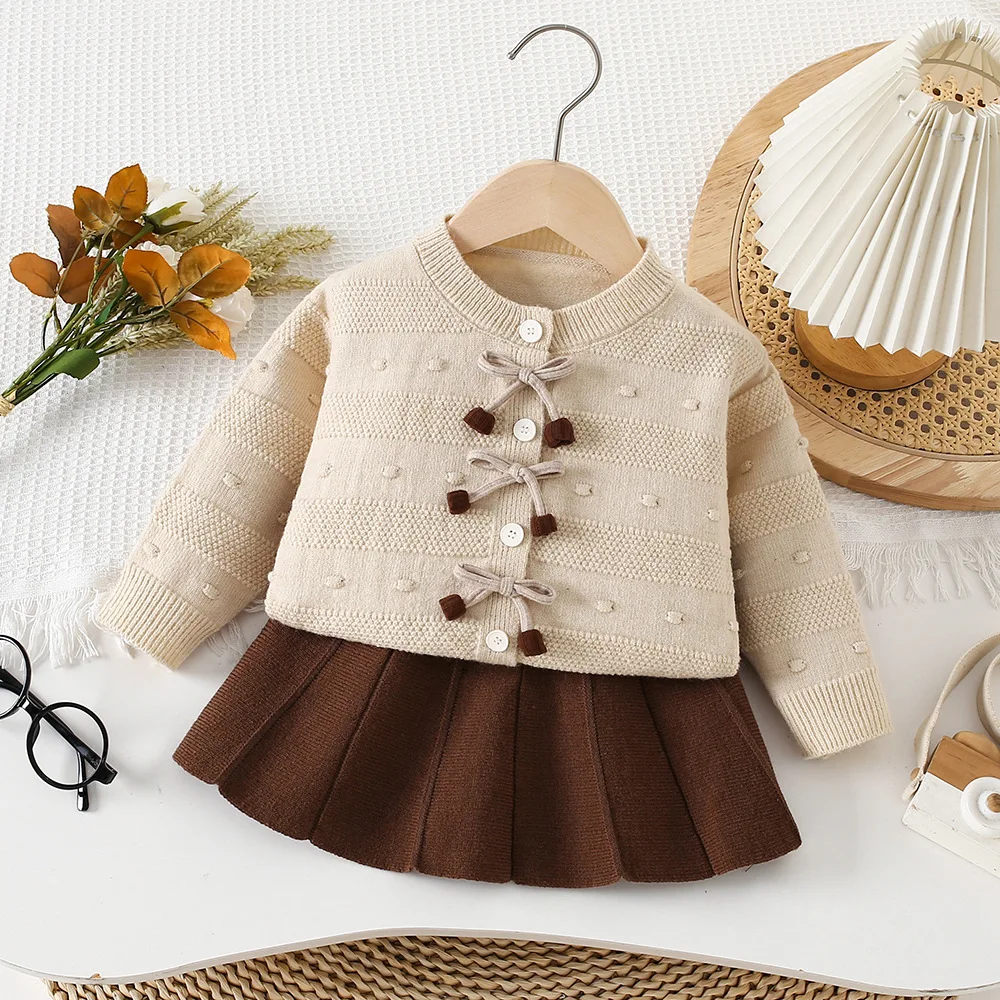 

Girls Dress Clothes Sets Spring Autumn Children Woolen Jersey Sweaters Coats Skirts Kids Princess Suit For Baby Knitted Outfits