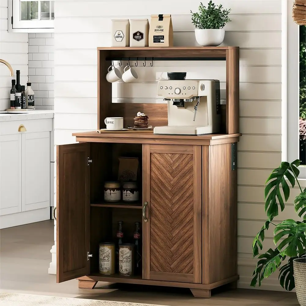 Coee Bar Cabinet with Storage and Charging Station,Walnut | armhouse,Herringbone Panel,31.5